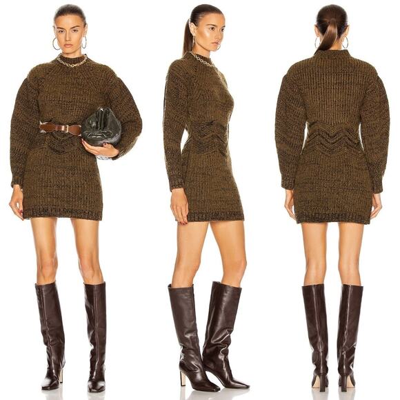 Nicholas | NWT Ilya Sweater Dress Green Brown Multi Lambswool Chevron Knit S - Picture 1 of 15